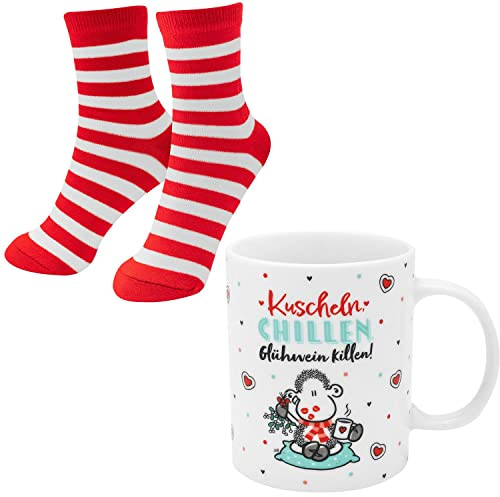 Sheepworld Mugg-set motiv chilla | presentset vinter, jul, porslinskopp, 35 cl, damstrumpor i storlek 36–40 | Present jul, jultomten, advent | 51122