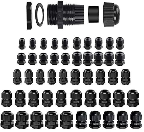 Eowppue 50 Stück Kabelverschraubung Set Schwarz wasserdichte Einstellbar Kabelverschraubungen M12 M16 M20 M25 PG7 PG9 PG11 PG13.5 PG16 PG19 Kunststoff Kabelverschraubungen
