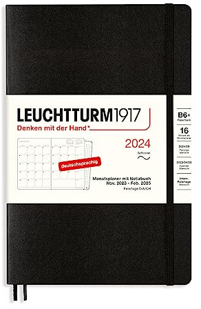 LEUCHTTURM1917 367582 månadsplanerare och anteckningsbok paperback (B6+) 2024, 16 månader, mjukt skydd, svart, tyska