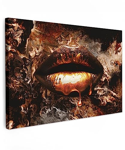 MuchoWow© Wandbilder Groß XXL Schlafzimmer Home Goldene Deko Wohnung Bild | 120x80 cm - Wohnzimmer Fotoleinwand Wand Bilder Leinwand Wall Decor Wanddeko Gold - Lippen - Kunst Druck