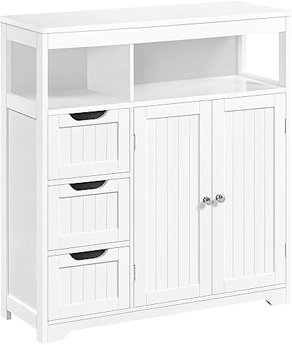 Yaheetech Badezimmerschrank Unterschrank mit 3 Schubladen und 2 Türen mit Verstellbarer Regalebenen & 1 Offenem Regal Hochschrank Beistellschrank Kommode für Badezimmer/Flur, Weiß