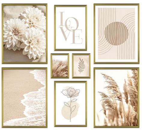 ArtFAVES® Affischset – beige mjuk – flerdelad väggdekoration vardagsrum och sovrum – 8 moderna väggmålningar abstrakta former, pampasgräs, blomma, beige, hav – utan bildram