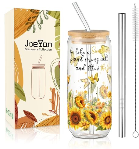 Joeyan 600ml Glass Drinking Cup with Lids and Straws, Iced Coffee Glass Smoothie Bubble Tea Cup with Sunflower Butterflies Pattern, Cute Floral Glass Tumbler Mason Jar for Women Girl Daughter Friend