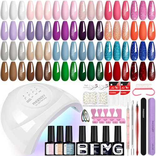Phoenixy Gel Nail Kit, 24 Colours Gel Nail Polish Set with Base Matte Glitter Top Coat Manicure Tools U V Nail Polish Set with 48W Lamp Starter Kit Nail Art Gifts for Women
