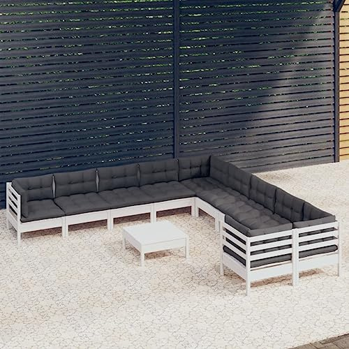 QZZCED 11-TLG. Garten-Lounge-Set mit Kissen Weiß Kiefernholz Gartenmöbel Set Garten-Couch-Set Gartensofa-Set Terrassen-Sofa-Set für Terrassen, Gärten, Balkone, Hinterhöfe