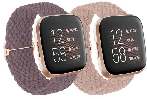 BXKM 2 Pack Braided Solo Loop Straps Compatible with Fitbit Versa 2/Versa/Versa Lite/Versa SE for Women, Adjustable Elastic Stretchy Nylon Sport Bracelet Watch Band (Smoke Violet/Pink)