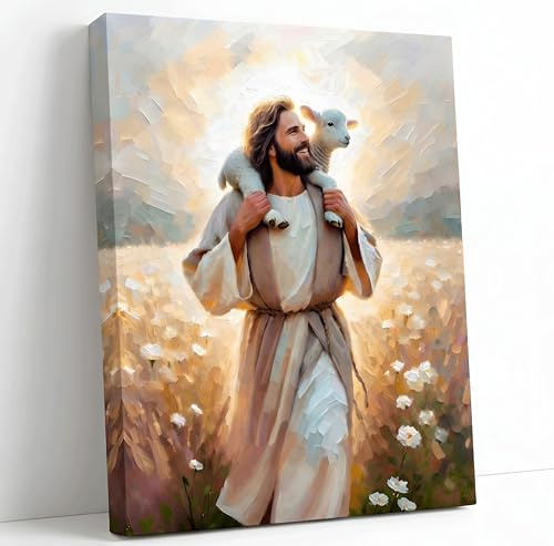 JGOEI Kunstdruck auf Leinwand, Motiv: Jesus mit dem Lamm, gedrucktes Gemälde für christliche Kirche, Zuhause, Schlafzimmer, Wohnzimmer, Dekoration, fertig zum Aufhängen