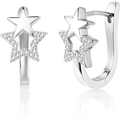 ALEXCRAFT Créoles Petite Stella Or, Boucles d'Oreille Huggie Zircon Argent 925, Épaisses, Chunky, Simple, Brillant, Géométrique, Hypoallergéniques, Plaqué or 14 Carats, Femme, Homme, Bijoux Cadeaux