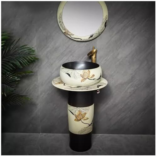 ZTGL 41x15cm Rund Keramik Waschbecken Black Handgemalt Säulen-Waschplatz Waschbecken ohne Überlauf Freistehende Waschtisch for Indoor and Outdoor,4 Piece Set
