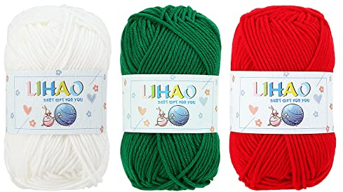 LIHAO Knitting Yarn Acrylic Crochet Yarn, 3 x 50g Christmas Themed Yarns Soft Skeins 5 ply Yarn Red Green White Crochet Knitting Yarn for DIY Xmas Crochet Crafts