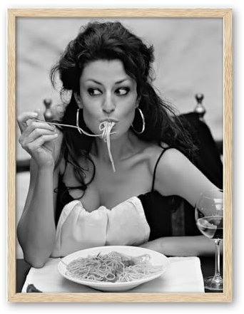 iHery Kunstdruck auf Leinwand, Motiv: Italienische Frau, die Pasta isst, Natureiche, 30,5 x 40,6 cm, Vintage-Stil, Dame isst Spaghetti, Schwarz-Weiß-Druck, Retro-Sophia Loren