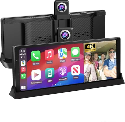 4K Apple Car play Screen 10.26'' w Exclusive Bracket 350° Rotate Front Lens | Touchscreen Portable Apple CarPlay Screen for Car with 4K Dash Cam, GPS Navigation Voice Control,Mirror Link,Bluetooth,FM,AUX