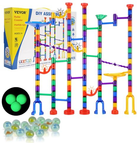VEVOR Circuit à Billes, 150 PCS, Jeu de Construction de Labyrinthe de Billes, avec 10 Billes phosphorescentes et 40 Billes en Verre, Jouet intellectuel éducatif STEM, pour Enfants à partir de 3 Ans