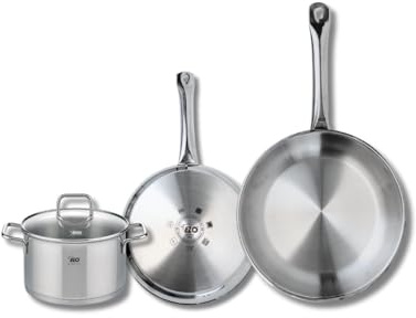 ELO 9501750 Batterie de cuisine 3 pièces, Set de 2 Poêles de cuisson 24 et 28 cm et 1 faitout 16 cm Elo Profi Citrin, inox, induction
