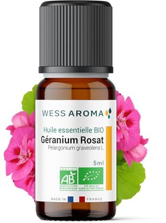 Huile Essentielle BIO de Géranium Rosat 5ML - Certifiée AB - 100% Pure & Naturelle, Chémotypée HEBBD - Pratiques agricoles durables - Analysée et conditionnée en France