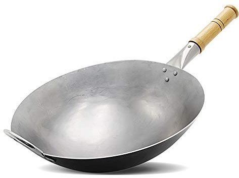 MYUYEE Wok in Acciaio al Carbonio con Fondo Tondo da 14 Pollici martellato a Mano Wok in Acciaio al Carbonio con Manico in Legno e Supporto Robusto - Padella Wok,