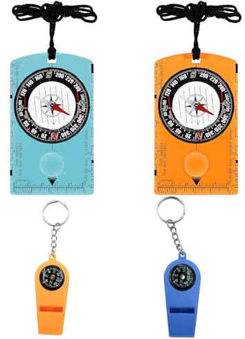 4 Pcs Multifunctional Compass and Hiking Whistle Set, Compass Navigation, Camping Whistle with Key Ring, Compasses for Map Reading, Navigation, Hiking, Camping, Survival Situations (Orange and Blue)