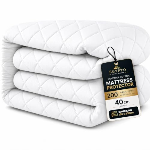 Egypto Egyptian Cotton Quilted Small Double Mattress Protector | 40cm Extra Deep Skirt | Hollowfibre Filled Box Quilting Mattress Cover 4FT | 200 Thread Count | Breathable & Anti-Allergy (190 × 122cm)