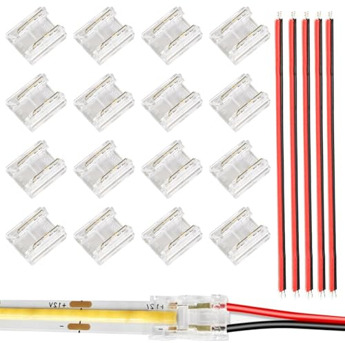2-Pin 8mm COB LED Strip Light Connector Kits Solderless Connectors | 16 Strip Light Connectors & 5 Extension Jumper Wires DIY for COB SMD 5V/12V/24V Single Color Lights Strip