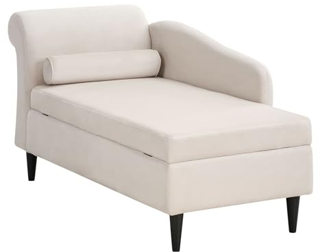 Beliani Chaiselongue Samt beige Links mit Stauraum u. Kissen hohe Lehne Retro-Stil Luiro