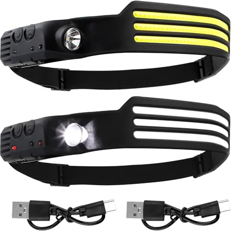 ROTKUSZ 2 Stück Stirnlampe LED Wiederaufladbar, Superhell 230° Weitwinkel Kopflampe Stirnlampe, 3*Farben LED Streifen, IPX4 Wasserdichte, für Camping Angeln Laufen