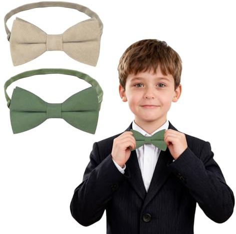 SAIIURV 2 Pezzi Papillon Uomo Bambini Elegante con Gancio, Cravatta Verde Salvia Beige Bow Tie Regolabile in Tinta Unita Accessori Di Abbigliamento per Feste Matrimoni (2 Colori)