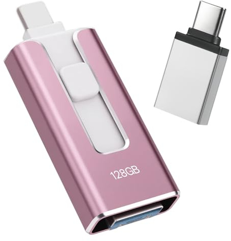 USB Stick 128GB for iPhone, [MFi-certified] 4-in-1 Flash Drive for iphone, Photo Stick for iPhone/iPad/Android/PC, Without App USB 3.0 High-Speed Lightnning Memory Stick Transfer Photos Videos, Pink