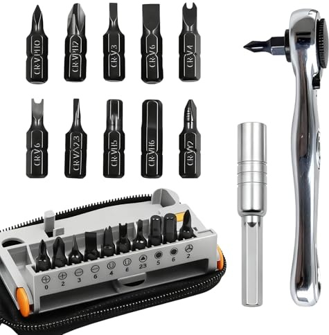 Right Angle Screwdriver Kit-Including 90 Degree Ratchet Offset Screwdriver 11pcs Cr-v Alloy Screwdriver Bit Put it in the Tool Pouch With Belt Clip,90 Degree Phillips Screwdriver for Tight Spaces