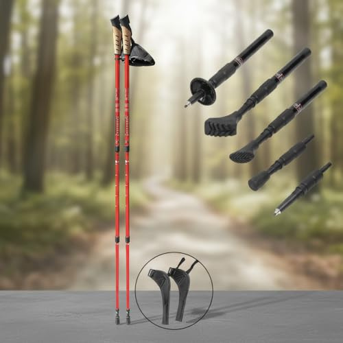 Mucola Nordic Walking Stöcke Wanderstöcke Teleskop 65–135 cm Aluminium | 2er Set mit Antishock-Dämpfung, Wolframstahlspitze, inkl. 12 Aufsätzen, höhenverstellbar, für Trekking und Fitness