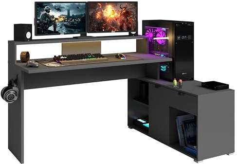 Miroytengo Escritorio Gaming Playit, Mesa Gamer LED de Melamina Multiposición, 1 Cajón, Gancho Auriculares, Color Gris Sombra 134-168x95x60 cm