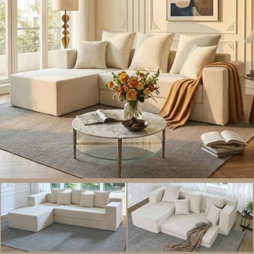 YINIX 3-Sitzer Modulares Klappbares Schlafsofa, Cord Sofa L-Form | Platzsparendes Ecksofa 235 cm mit Schlaffunktion, breiten Armlehnen, Metallrahmen, Anti-Rutsch-Boden, ohne Montage.