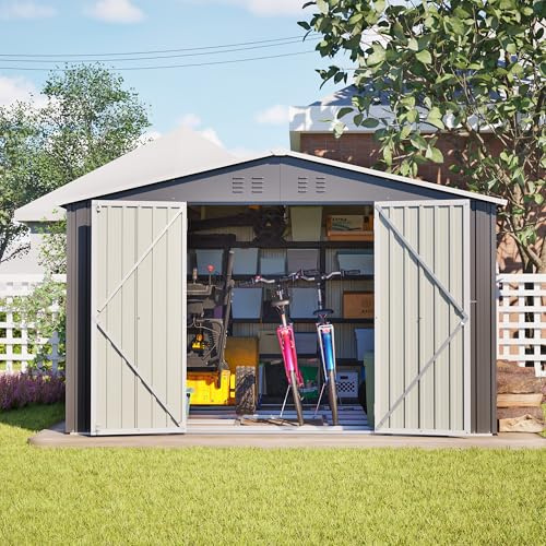 Geräteschuppen XXL 300x252x191cm Metall, Gartenhaus mit Satteldach und 2 Schiebetüren, Wetterfest, Abschließbar, Grau, Für Fahrräder und Gartengeräte