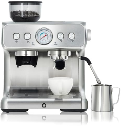 RBFGYIOP Macchina per Espresso Semiautomatica in Acciaio Inox - 15 Bar con Macinacaffè Integrato e Schiumalatte, Serbatoio 1.2L Rimovibile, 30 Regolazioni di Macinatura