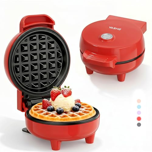 YASHE Mini Waffle Maker, 550W Non-Stick Waffle Iron, Red | Compact Breakfast Maker with Ready Light, Cool Touch Handle, Non-Stick Plates for Waffles, Desserts and Snacks