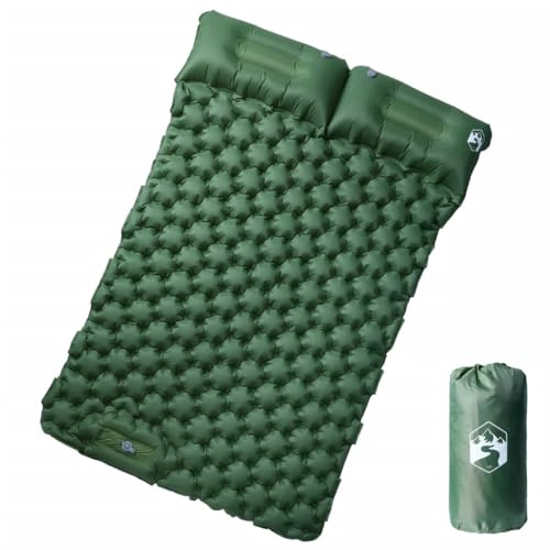 Kaloriko Matelas auto-gonflant pour 2 personnes avec coussin, 195 x 130 x 8,5 cm, nylon 40D avec revêtement TPU, vert, léger, pliable, avec pompe à pied et sac de transport pour camping, trekking