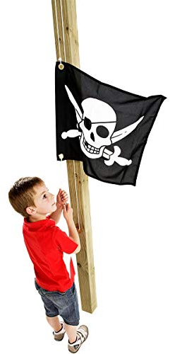 Flag with hoisting system for attaching to play towers, climbing towers, stilts houses or other play facilities (black with pirate motif)