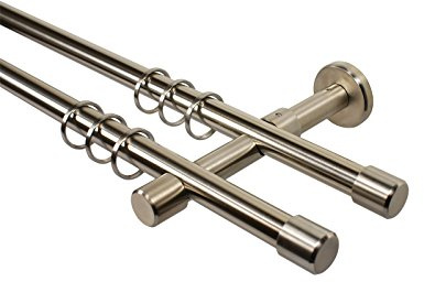 Edelstahl Optik Gardinenstange 2-läufig 16 mm mit Endstück Kappe, 200 cm