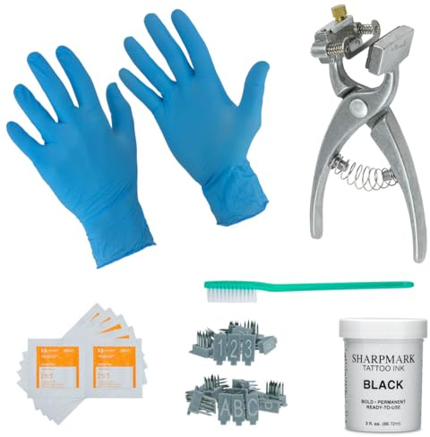 Small Animal Complete Tattooing Kit with 0-9 & A-Z, Nitrile gloves, and Ink for Identification of Sheep, Pigs, Goats, Rabbits, and Other Livestock