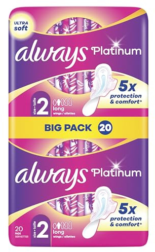 Always Platinum Serviettes Long (taille 2) Avec Ailettes20, Voile Supérieur Protecteur Ultra-Doux, Parfum Léger