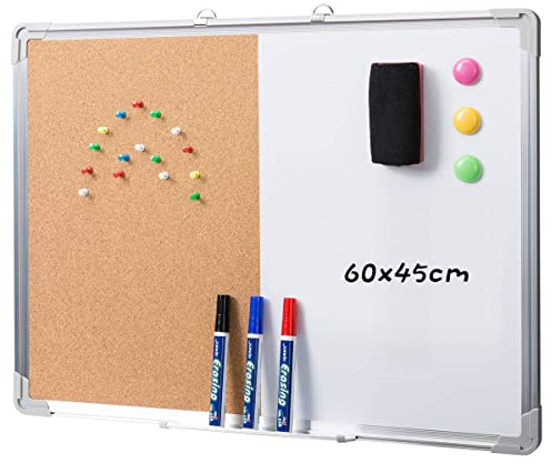 DOEWORKS Kombitafel 60 x 45cm Magnettafel Whiteboard & Kork Pinnwände zum Aufhängen, Doppelseitig Tafel für Hause Büro Schule