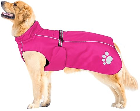 MOREZI Hundejacke Mantel, Winddicht wasserdicht, mit reflektierenden Streifen und einstellbarem Kordelzug, Wolleinlage, warm und bequem-Pink-3XL
