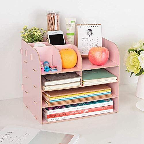 QWEWQE Schreibtisch Organizer Aufbewahrungsregal aus Holz, Multifunktion Schreibtischablage mit 11 Fächer Ablagesystem, Groß Desktop Lagerregal für A4 Papiere, Bücher (Rosa)
