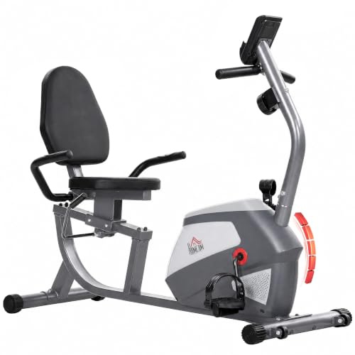 HOMCOM Bicicleta Estática con Respaldo para Casa con Pulsómetro Gris | 8 Niveles Resistencia Magnética, Volante, Asiento Ajustable, Monitor LCD, Soporte de Teléfono, Ruedas