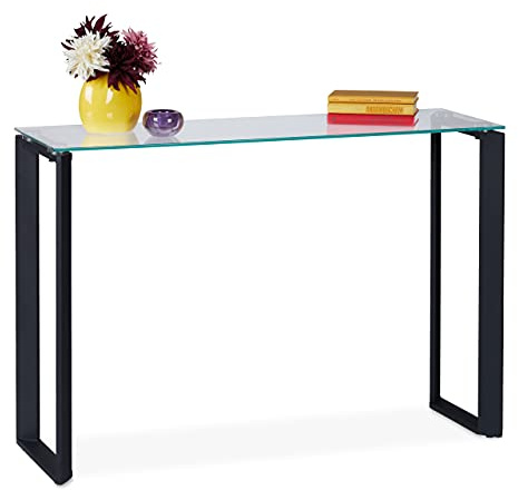 Relaxdays Konsolentisch Glas, schmaler Eingangstisch, HBT: 75 x 110 x 35 cm, Metall Konsole, Flur & Wohnzimmer, schwarz | HBT: 75 x 110 x 35 cm, Metall Konsole, Flur & Wohnzimmer