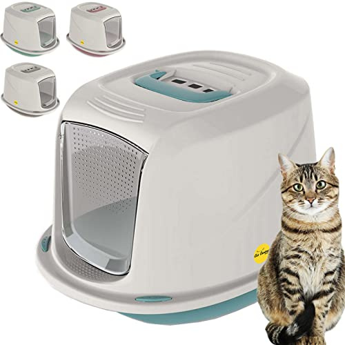 CAT CENTRE Jumbo Hooded Litter Tray XL, Blue, Charcoal Filter | Enclosed cat litter box with flap door, detachable lid, high sided rim, extra spacious for adult big cats