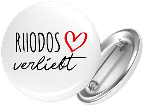 Huuraa Button Rhodos verliebt Geschenk | 25mm Pin Accessoire rund mit Sicherheitsnadel Ansteckbutton Geschenkidee Anstecknadeln für Jacken Rucksäcke
