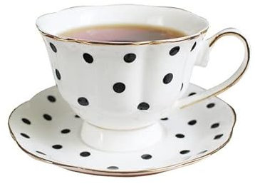 AILIFE Théière vintage britannique en porcelaine anglaise avec bord doré et tasse à café et soucoupe Motif à pois noirs