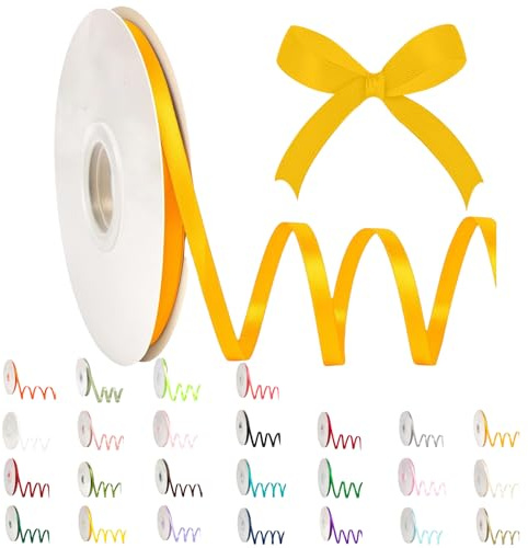 POPOYU Satinband 6mm Goldgelb,Goldgelb Band 6mm Natur,91m Dünn Geschenkband,Geschenkband und Schleifen für Geschenken,Bastelarbeiten,Haare,Ostern,Weihnachten,Hochzeit,Luftballons