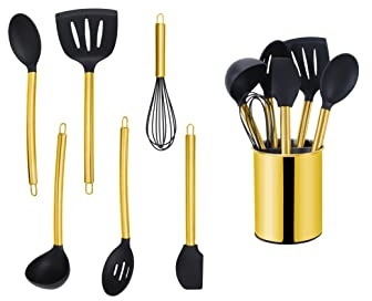 ECHTWERK Küchenuntensilien,7-teiliges Küchenhelfer-Set,Küchenzubehör,Kochbesteck mit Edelstahlgriff,Kochset Utensilienhalter,Kochzubehör,Antihaft Silikon Haushaltshelfer,Gold-Edition