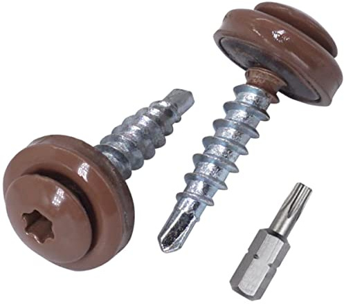 SKIR'CO (200 st) takskruvar, 4,8 x 28 mm målade självborrande skruvar med EPDM-brickor, torxhuvud (ljusbrun RAL 8025)